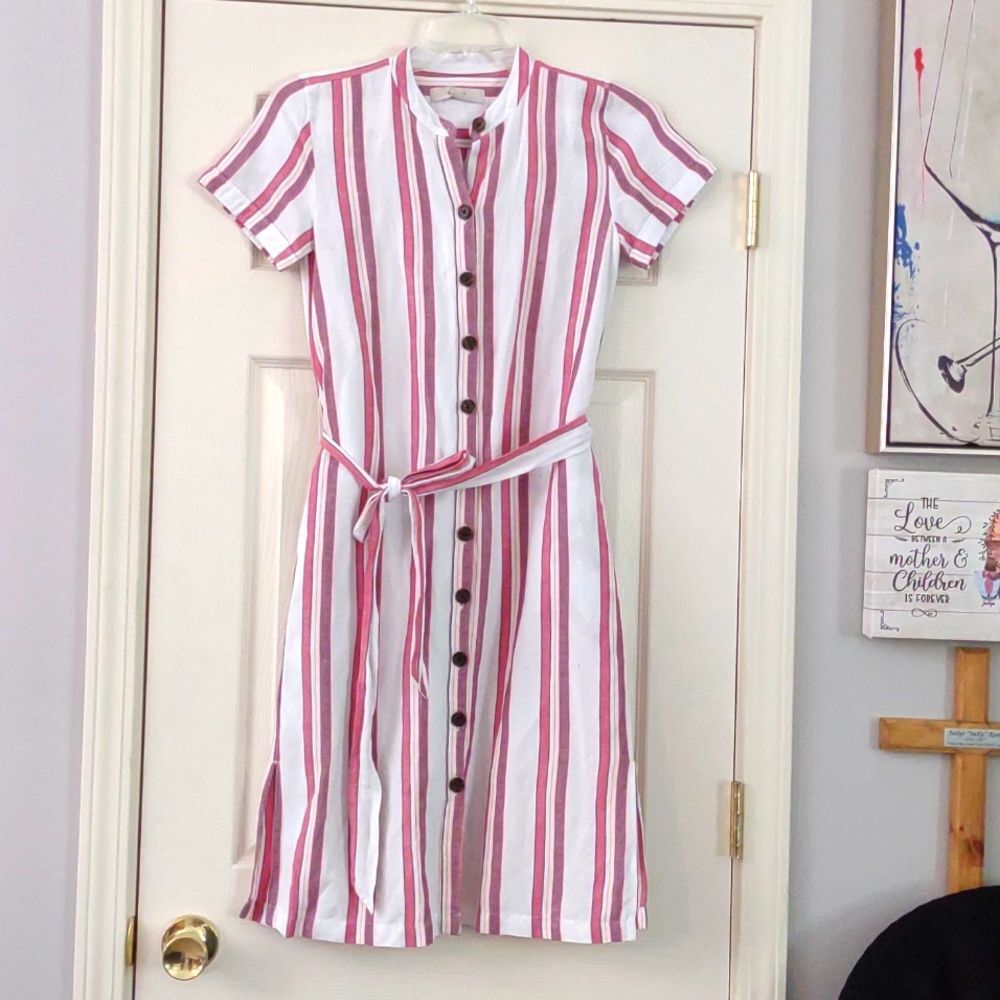 LOFT Striped Linen Shirt Dress with tie belt Size 0